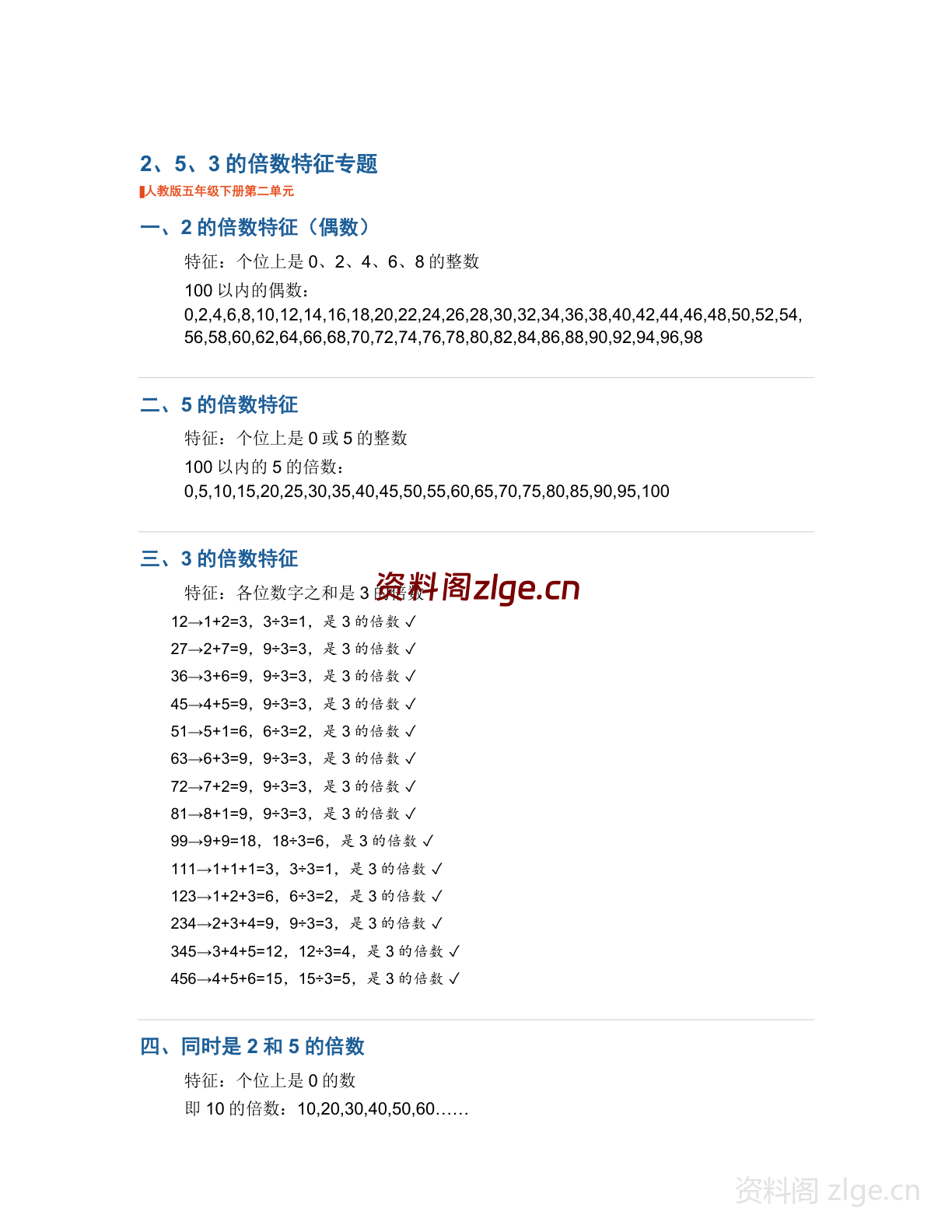 五年级下册数学2-5-3的倍数特征专题讲解（人教版）-资料阁