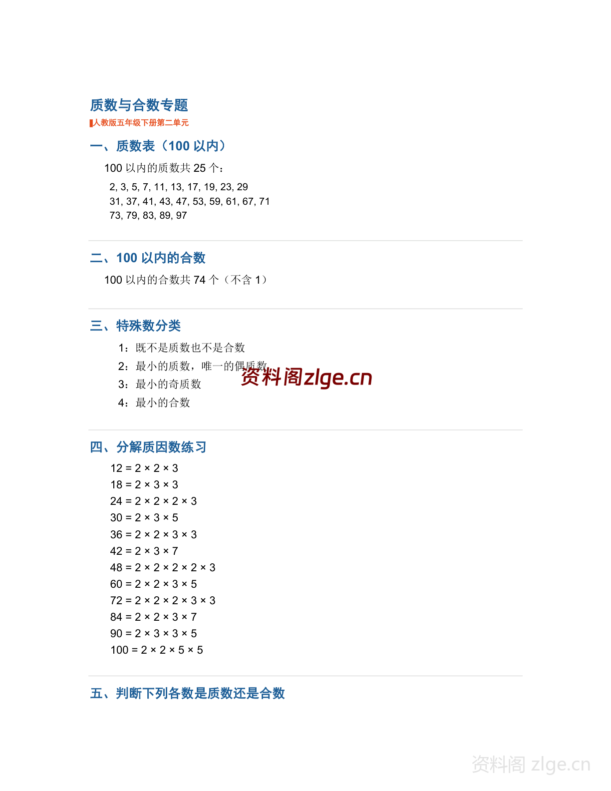 五年级下册数学质数与合数专题讲解（人教版）-资料阁