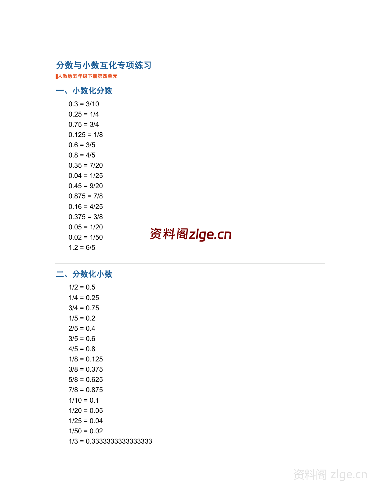 五年级下册数学分数与小数互化专项专项练习(含答案)-资料阁