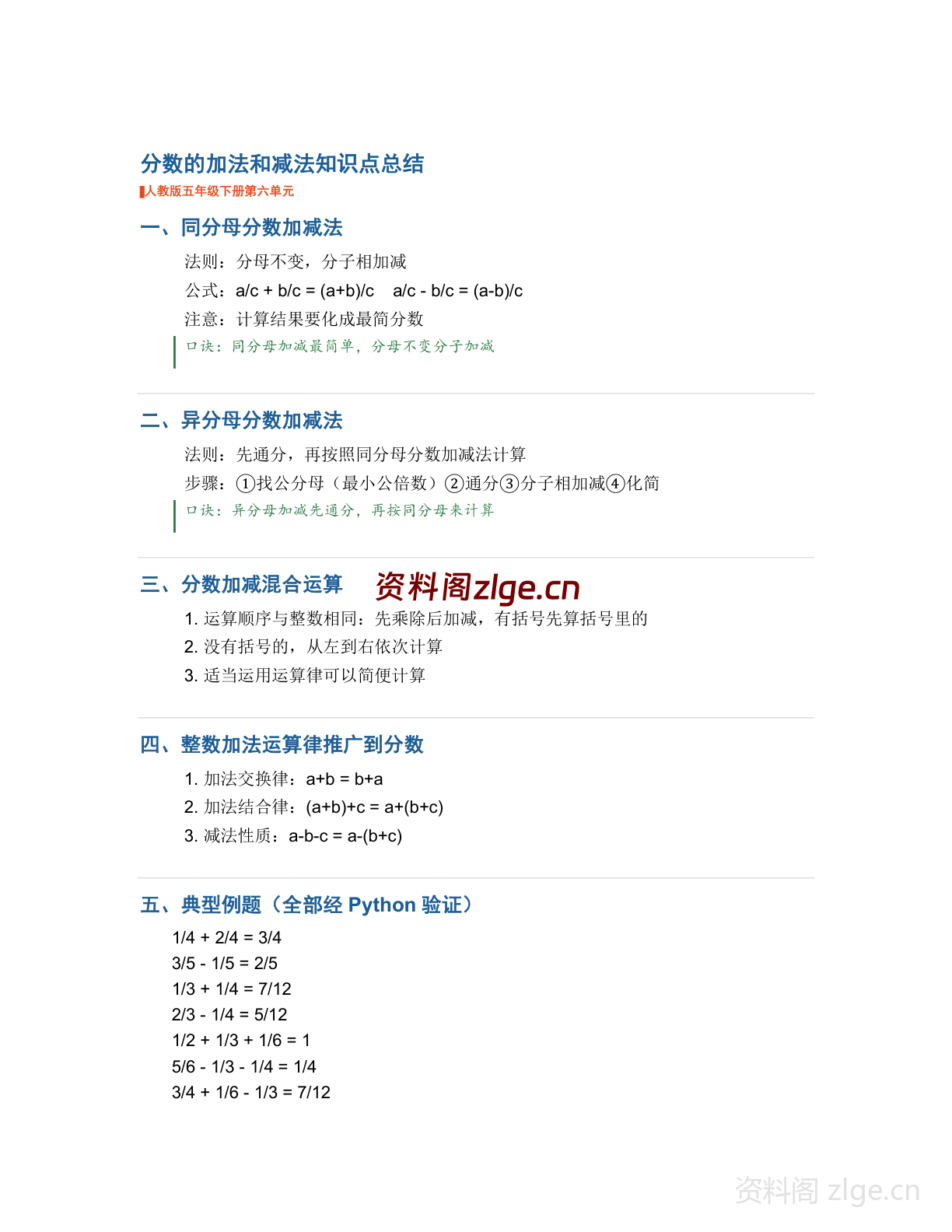 五年级下册数学分数的加法和减法知识点总结(人教版)-资料阁