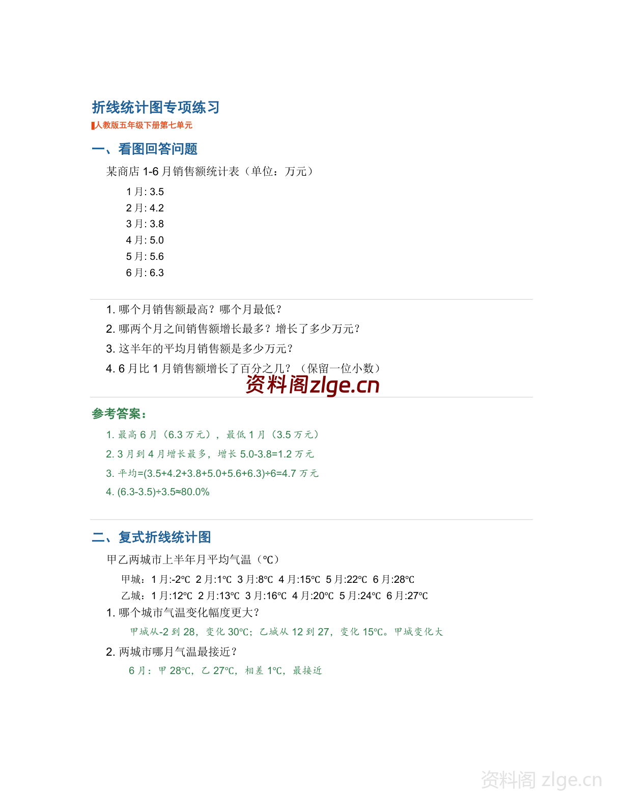 五年级下册数学折线统计图-专项专项练习(含答案)-资料阁