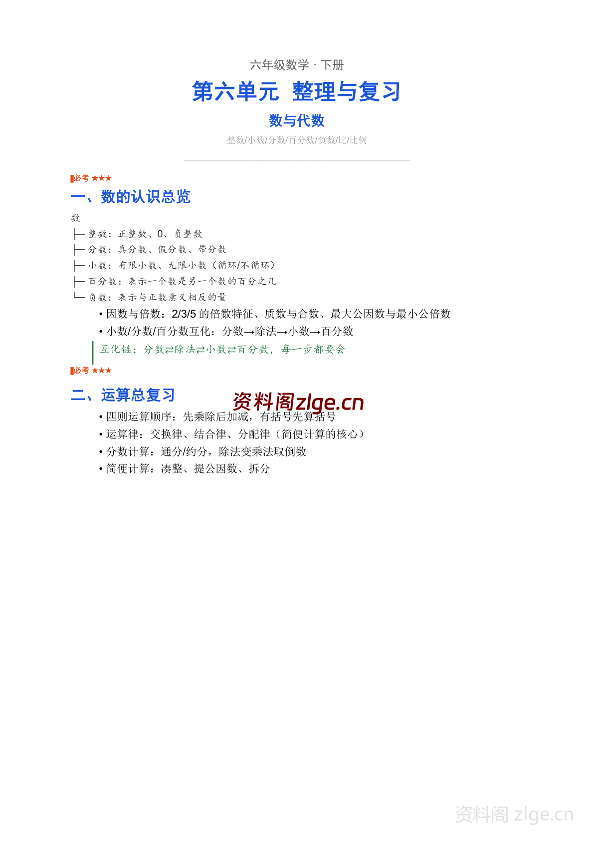 六年级下册数学整理与复习 数与代数学习资料（人教版）-资料阁