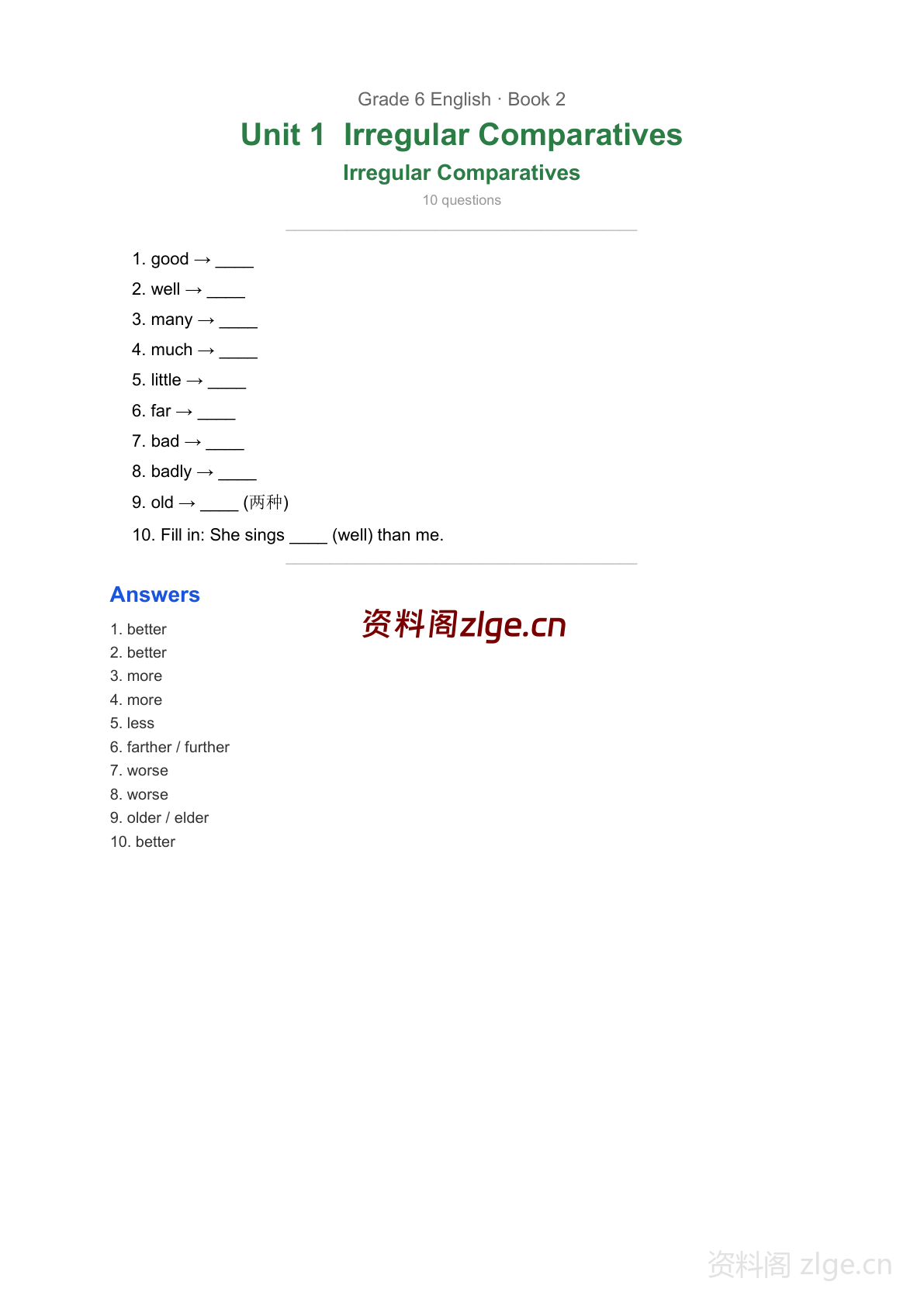 六年级下册英语Unit1 比较级特殊形式专项练习(含答案)-资料阁