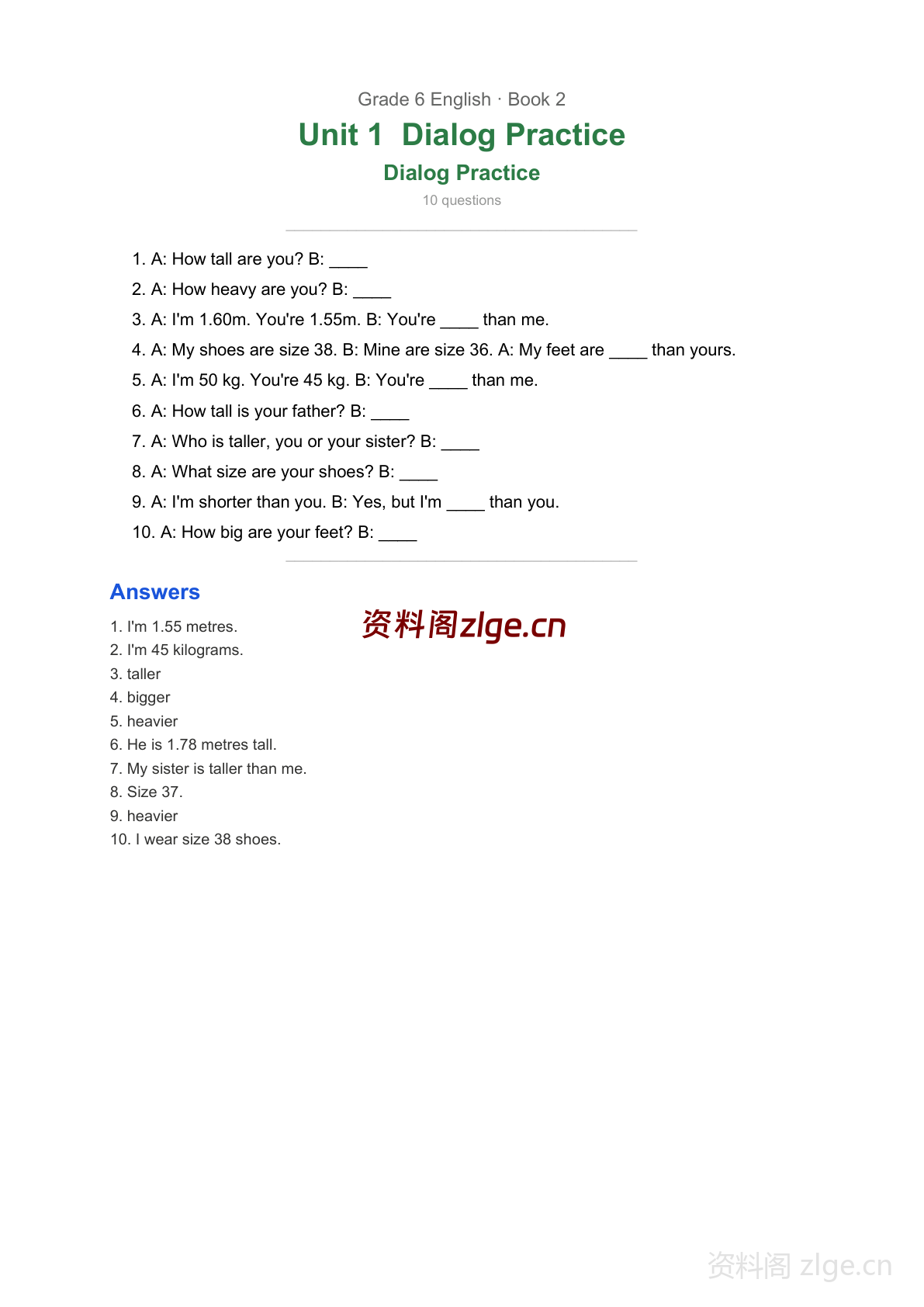六年级下册英语Unit1 身高体重对话专项练习(含答案)-资料阁