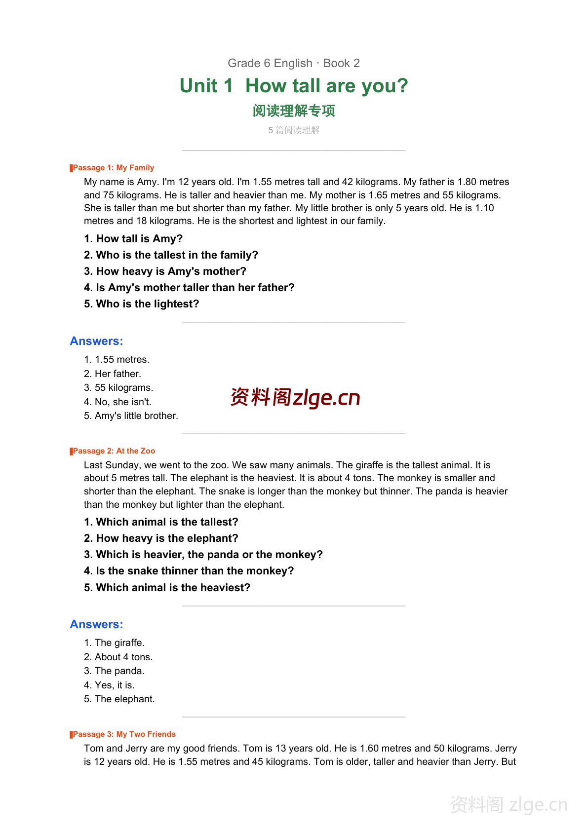 六年级下册英语Unit1 阅读理解专项练习(含答案)-资料阁