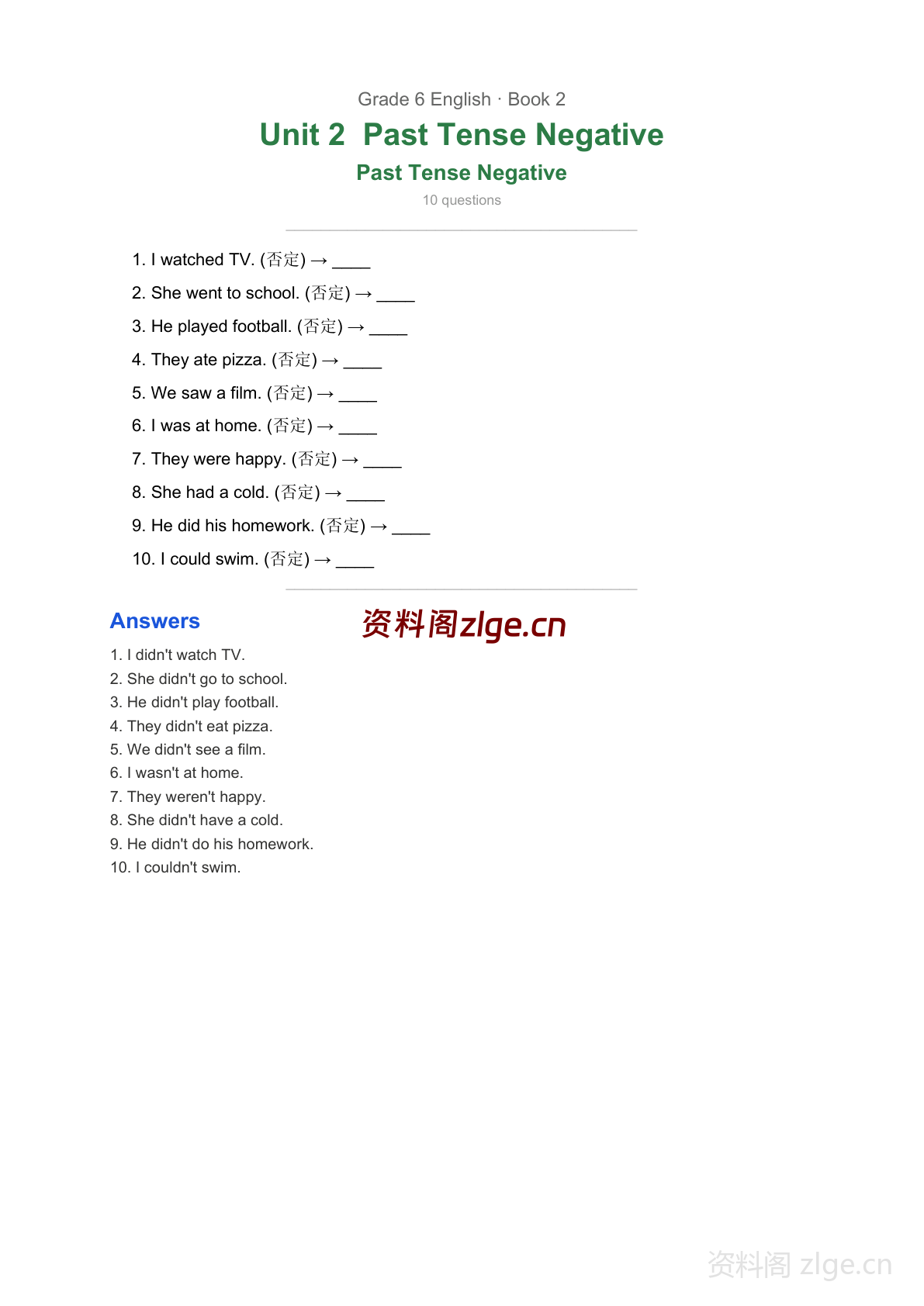 六年级下册英语Unit2 过去时否定句专项练习(含答案)-资料阁
