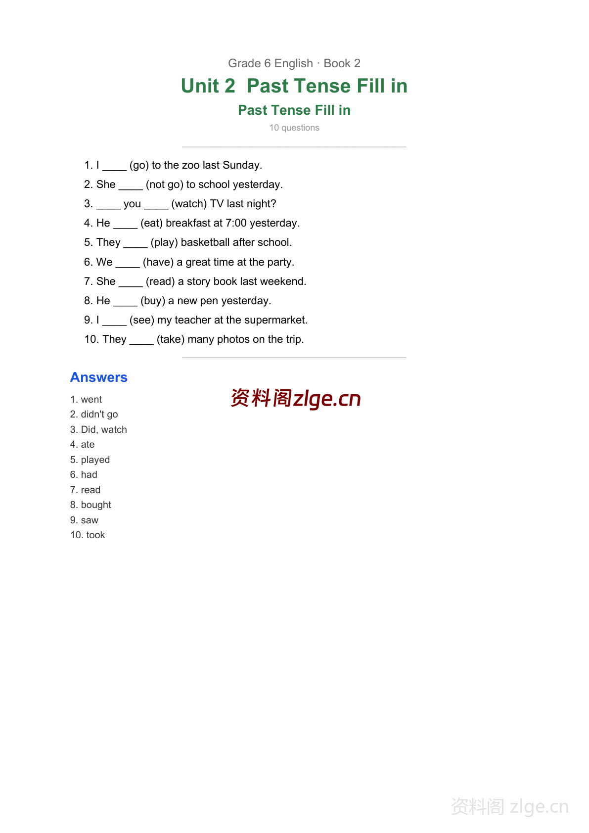 六年级下册英语Unit2 过去时学习资料(人教版)-资料阁