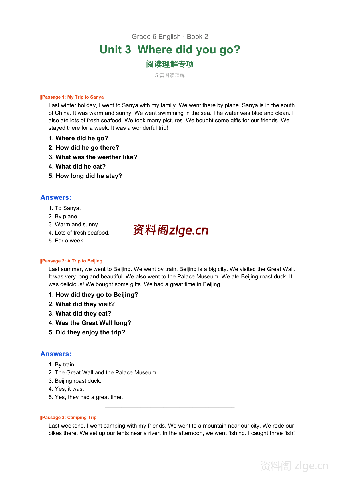 六年级下册英语Unit3 阅读理解专项练习（含答案）-资料阁