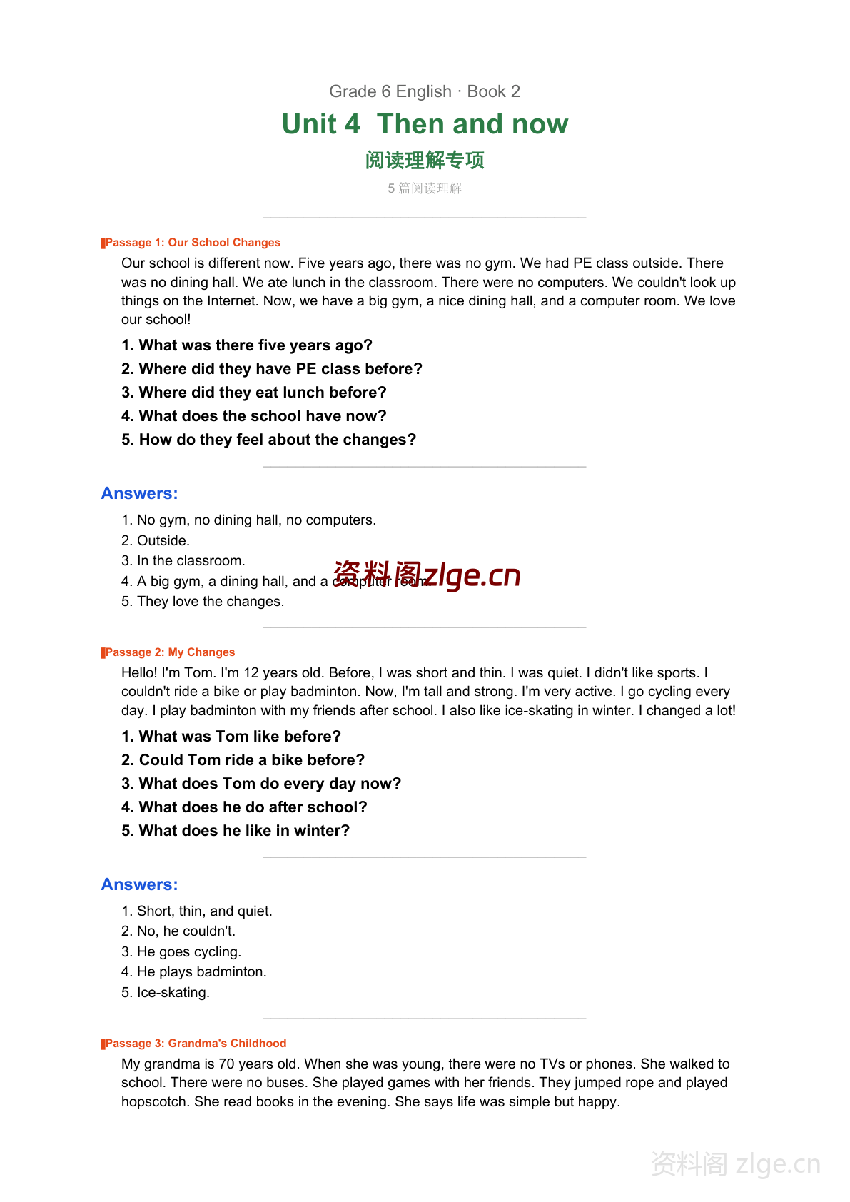 六年级下册英语Unit4 阅读理解专项练习（含答案）-资料阁