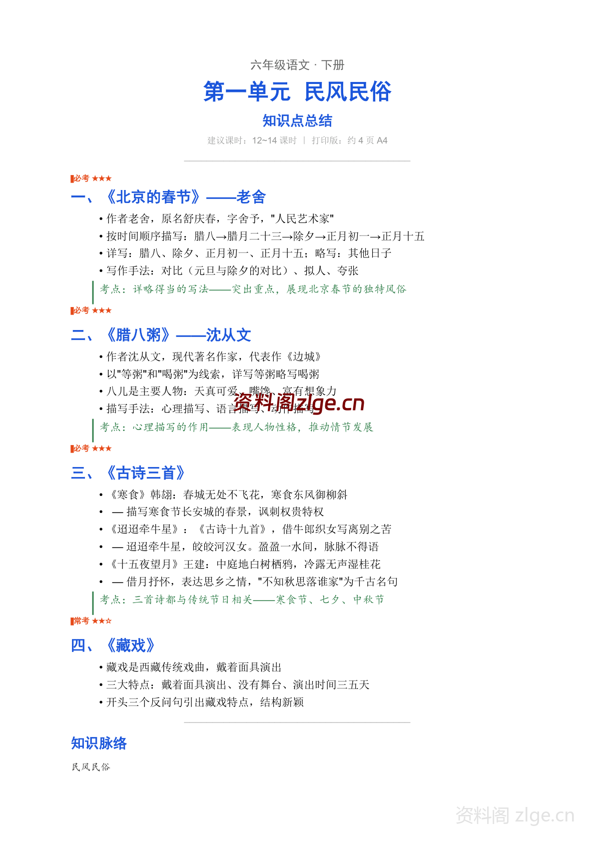 六年级下册语文第一单元知识点总结(人教版)-资料阁