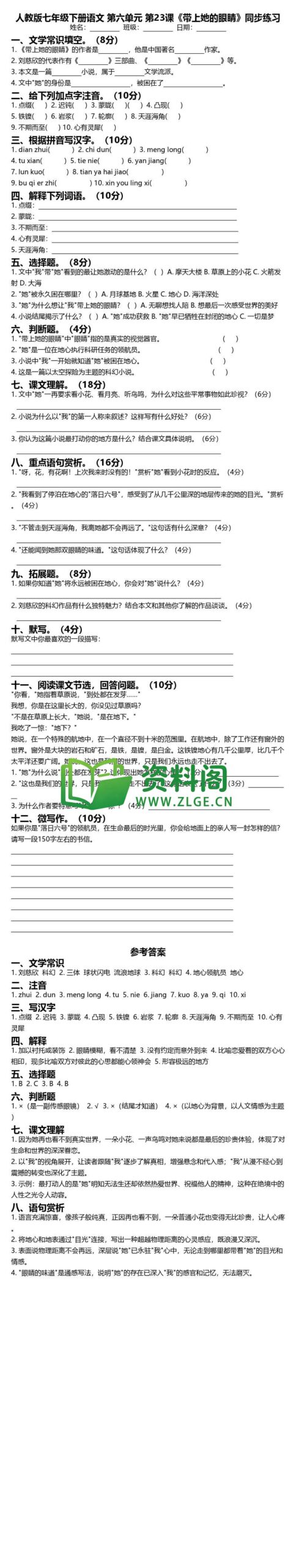 七年级下册语文-带上她的眼睛同步练习插图
