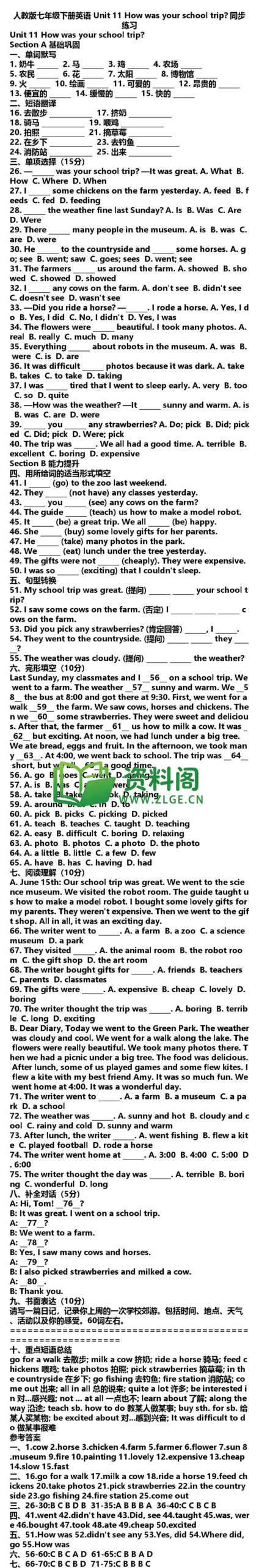 七年级下册英语-Unit11同步练习插图