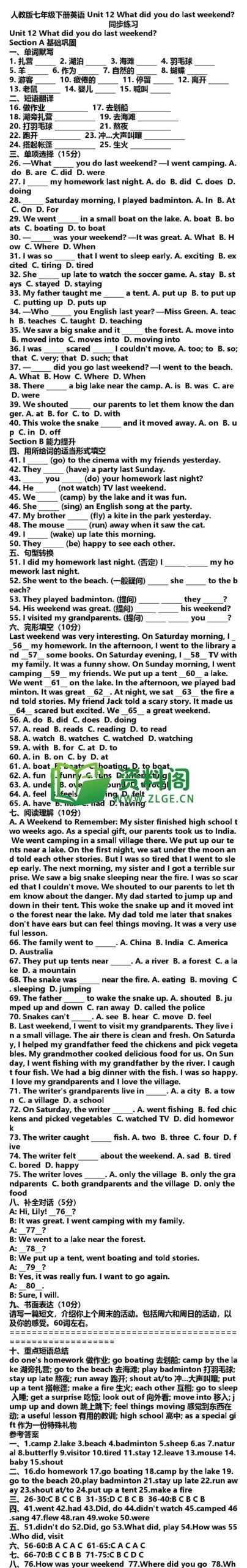 七年级下册英语-Unit12同步练习插图