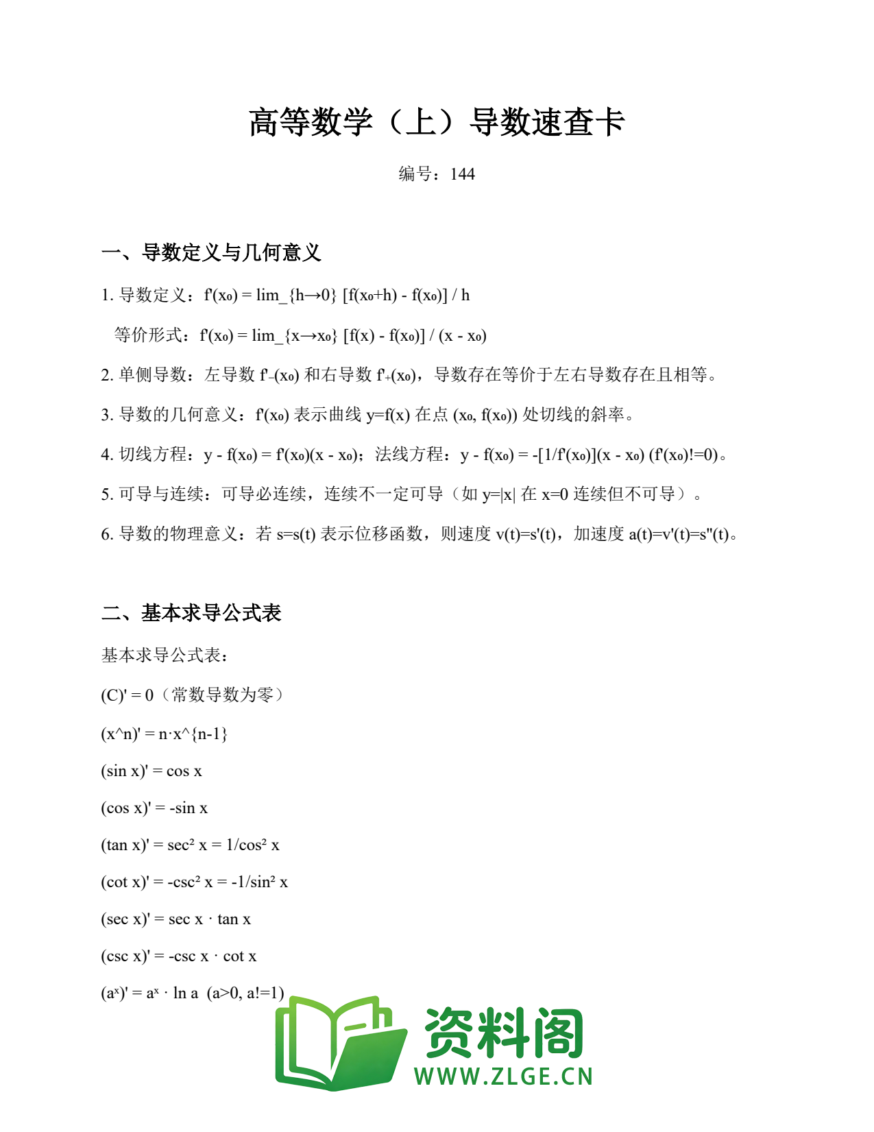 高等数学（上） | 导数速查卡 套题144插图1