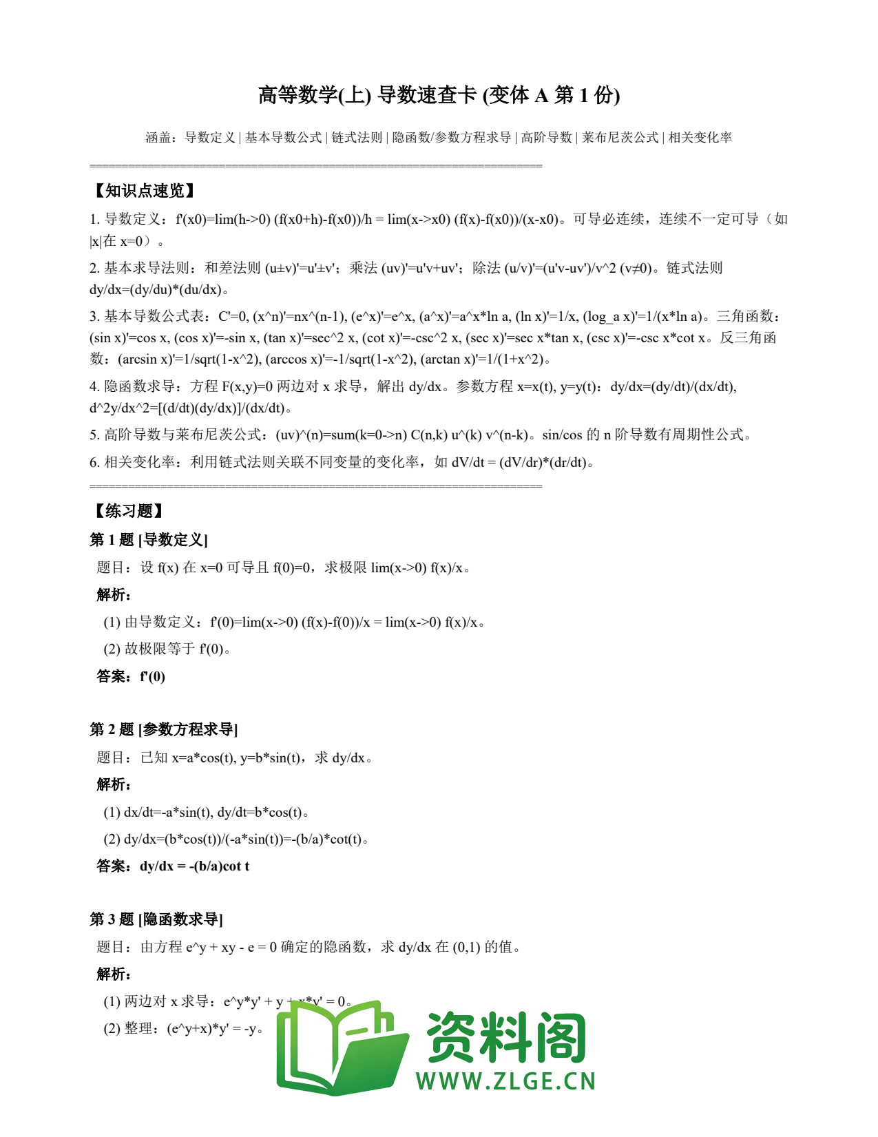 高等数学（上） | 导数速查卡 变体A 第001份插图1