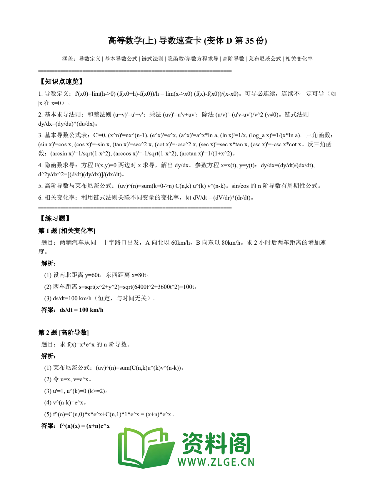 高等数学（上） | 导数速查卡 变体D 第035份插图1