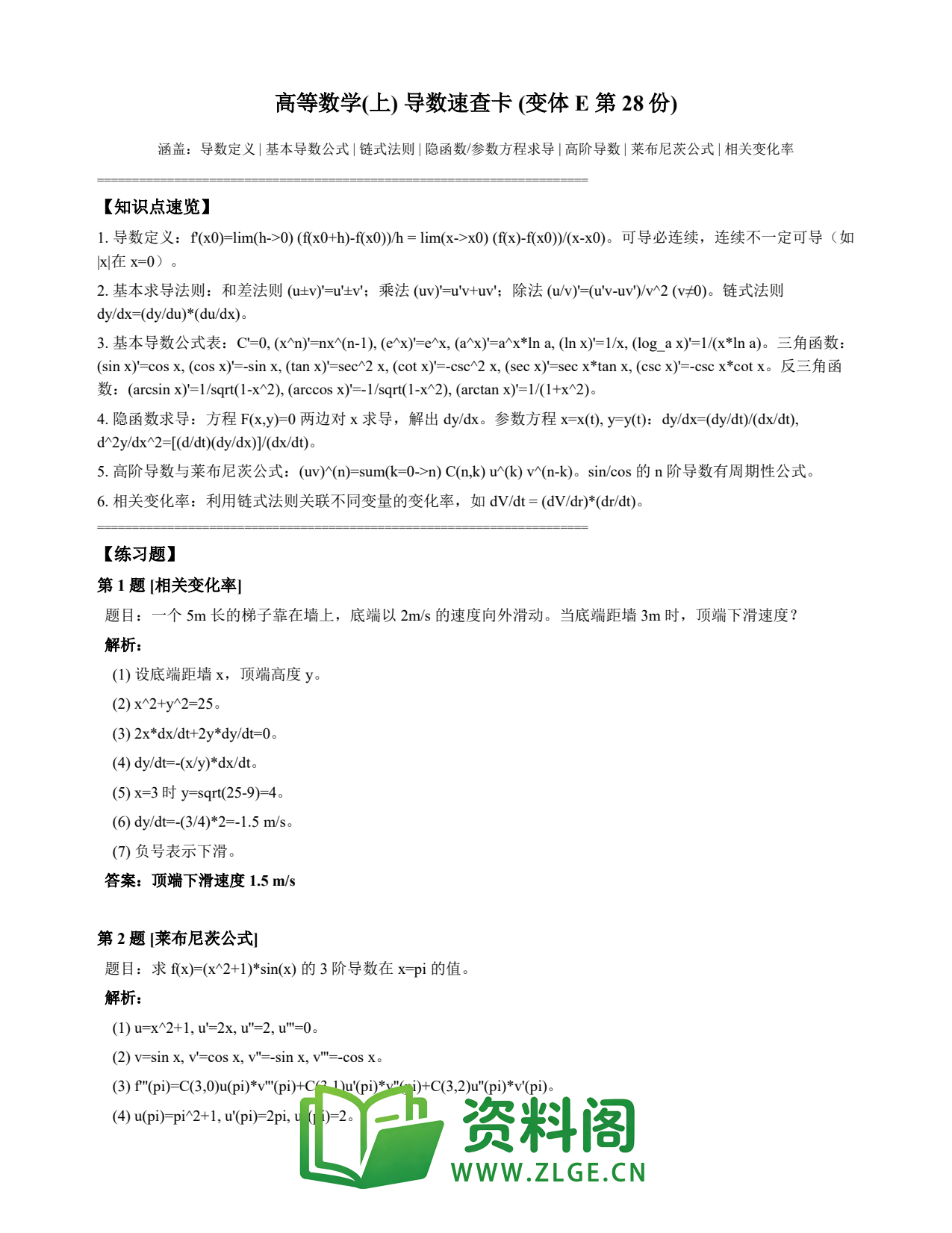 高等数学（上） | 导数速查卡 变体E 第028份插图1