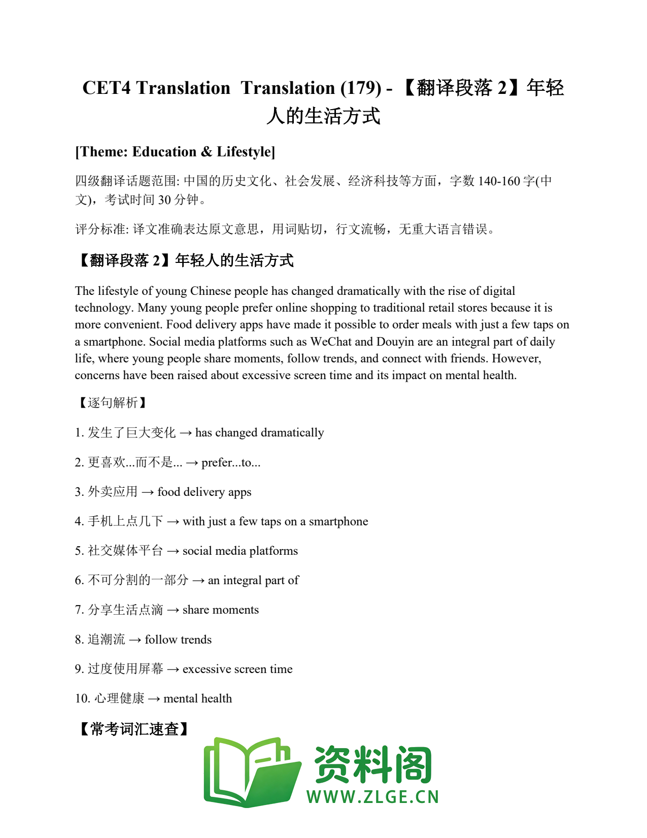 大学英语四六级 | 四级翻译常考词 Translation (179) – 【翻译段落2】年轻人的生活方式插图1 大学英语四六级 | 四级翻译常考词 Translation (179) – 【翻译段落2】年轻人的生活方式插图1