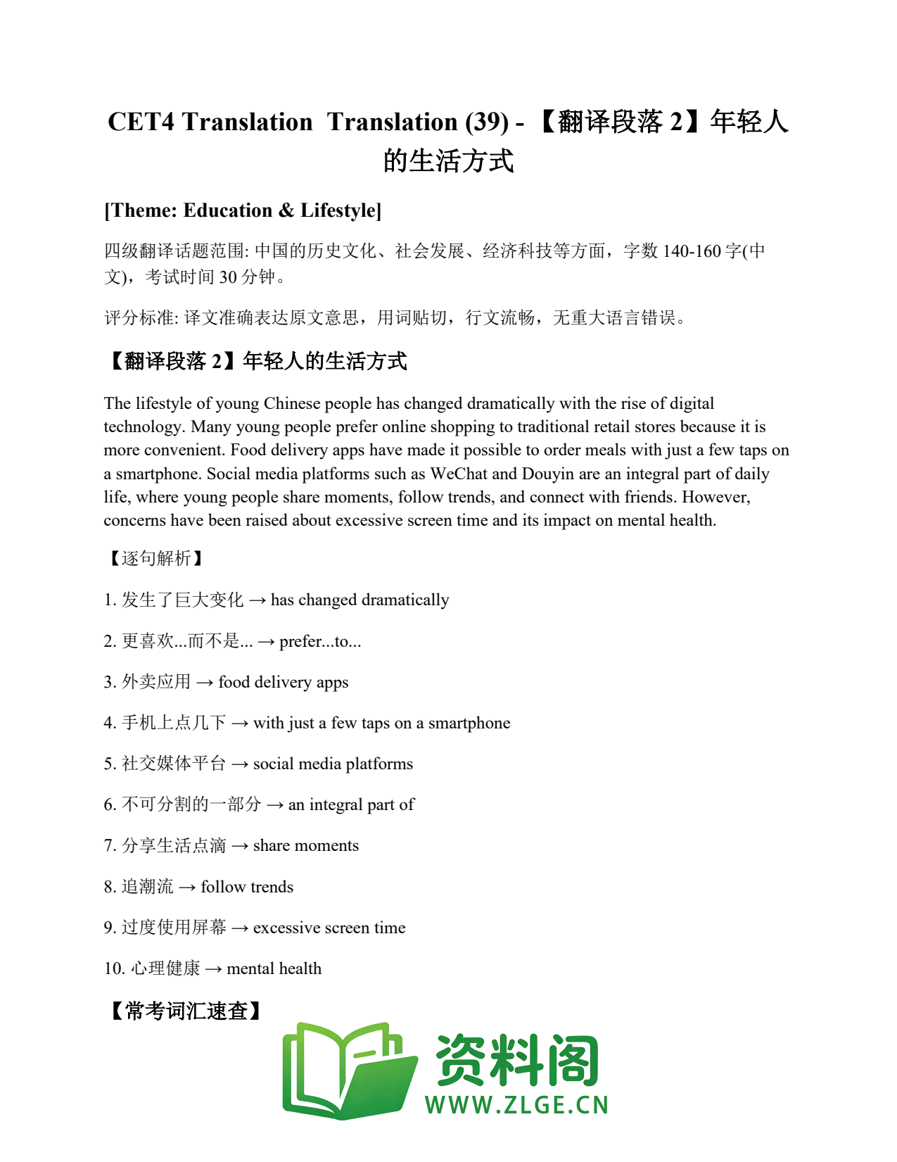 大学英语四六级 | 四级翻译常考词 Translation (39) – 【翻译段落2】年轻人的生活方式插图1