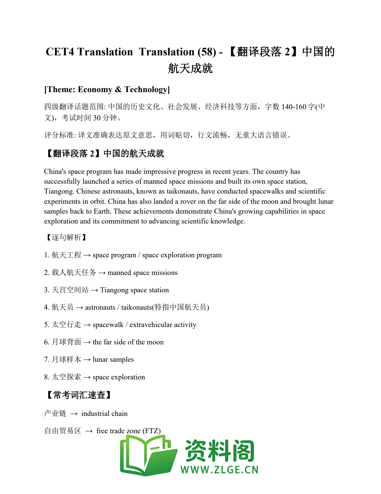 大学英语四六级 | 四级翻译常考词 Translation (58) – 【翻译段落2】中国的航天成就插图1 大学英语四六级 | 四级翻译常考词 Translation (58) – 【翻译段落2】中国的航天成就插图1