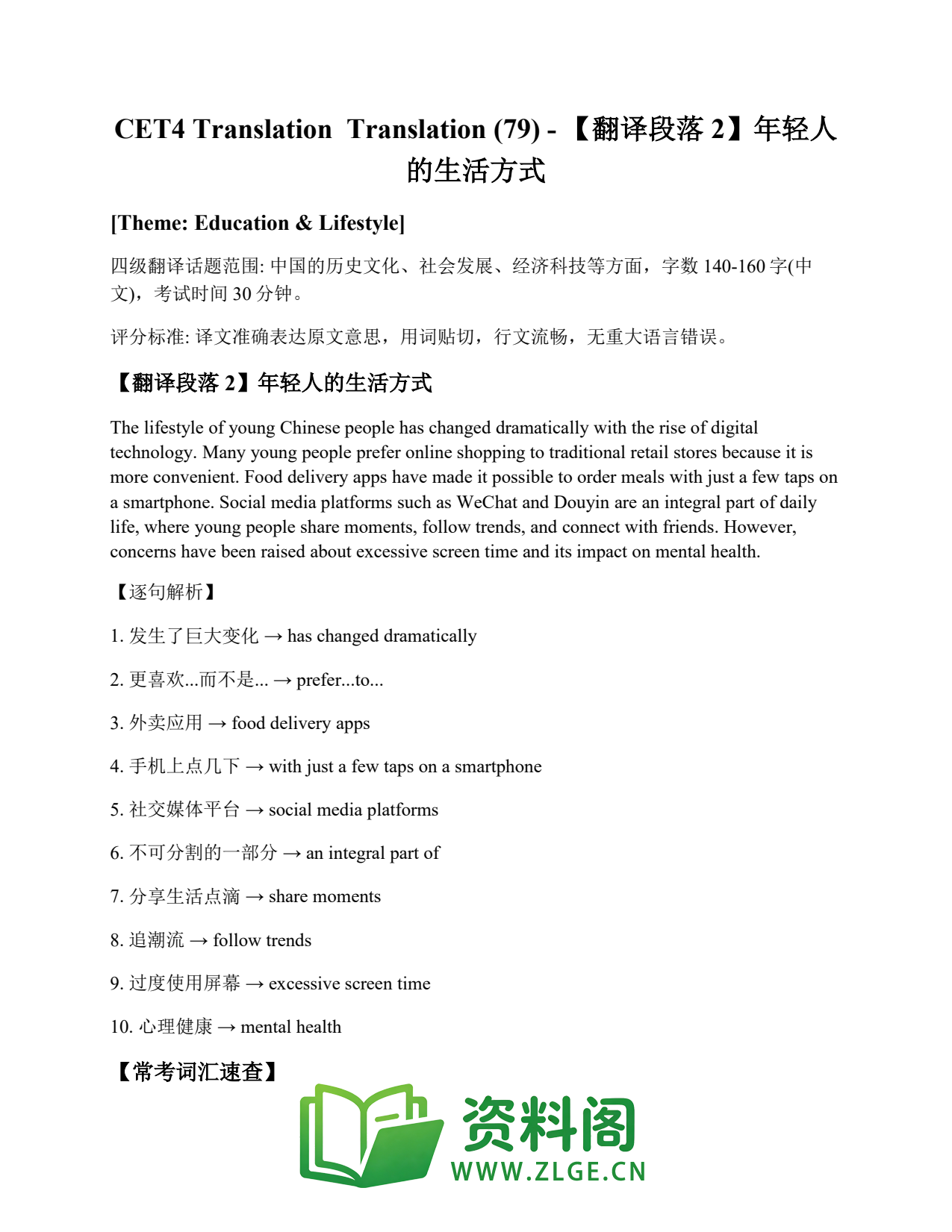 大学英语四六级 | 四级翻译常考词 Translation (79) – 【翻译段落2】年轻人的生活方式插图1