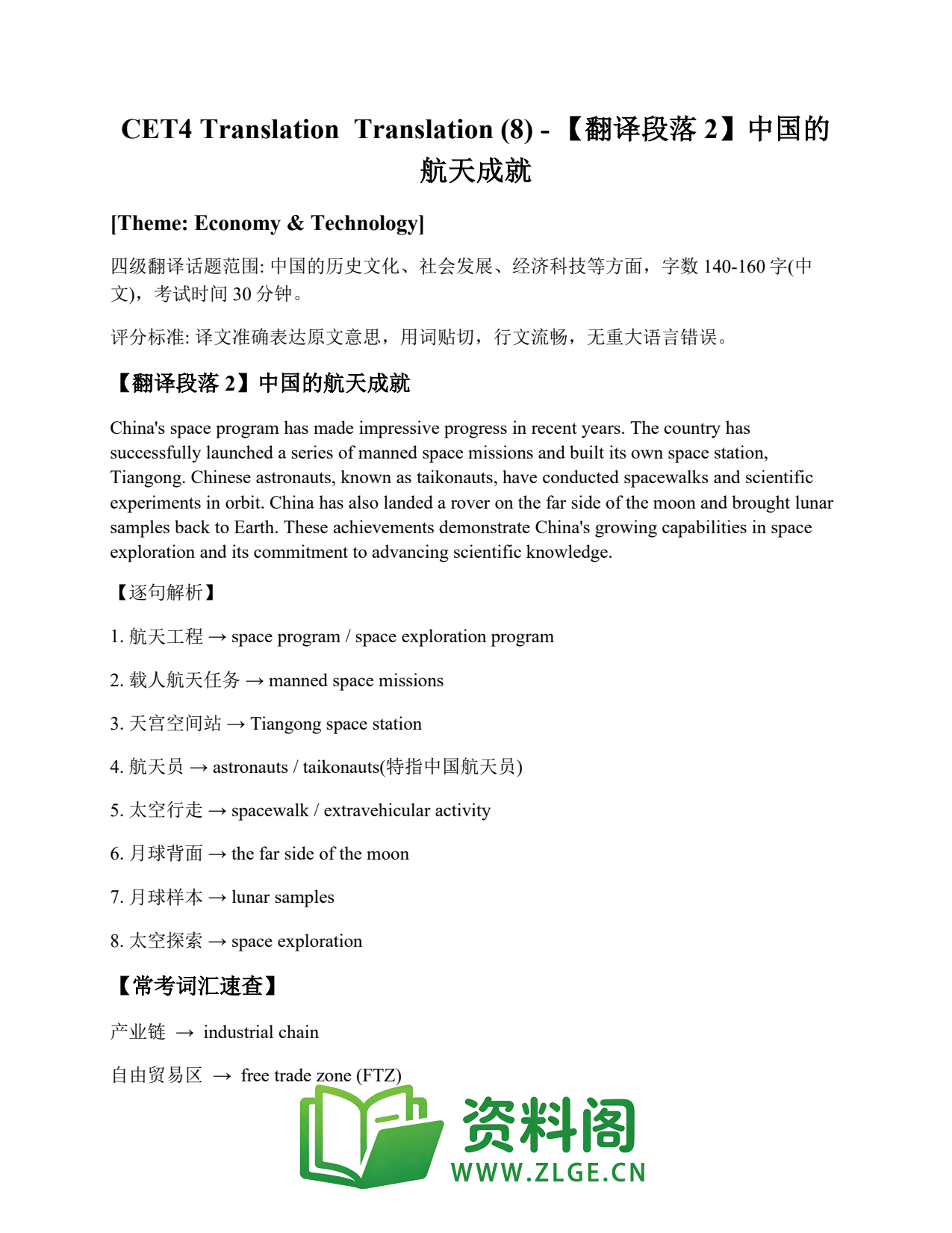 大学英语四六级 | 四级翻译常考词 Translation (8) – 【翻译段落2】中国的航天成就插图1 大学英语四六级 | 四级翻译常考词 Translation (8) – 【翻译段落2】中国的航天成就插图1